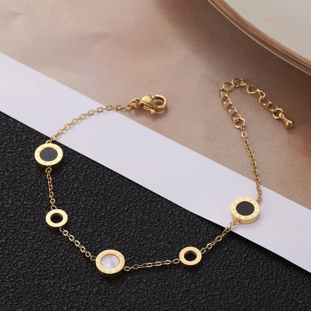 18K Gold Plated Circle Charm Roman Numeral Bracelet , Black and White Inlay